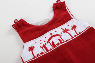 Red Nativity Smocked Ruffle Cuff Baby Jumper Overalls