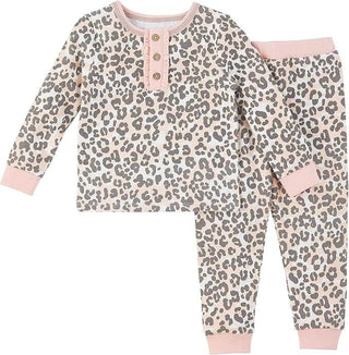 Girls’ 2-piece leopard pajama set with long sleeves, pink trim, and wood button placket—soft cotton blend for cozy comfort.