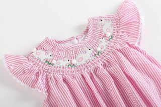 Pink Seersucker Bunnies Smocked Flutter Romper