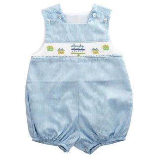 Infant blue gingham bubble with smocked birthday cake and presents, perfect for celebrating baby’s big day in comfort and style.