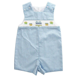 Blue gingham John John for boys with smocked birthday cake and gifts—perfect for celebrating his special day in classic Southern style.