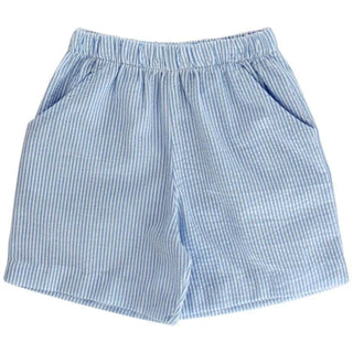Boys blue seersucker elastic waist shorts with front pockets—lightweight and breathable for classic summer Southern style.