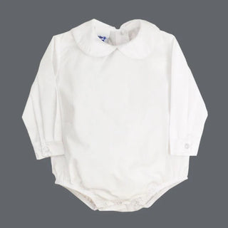 White baby boy long sleeve onesie with Peter Pan collar and button cuffs—classic Bailey Boys button-back shirt-style bodysuit.