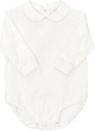 Bailey Boys boys white knit long sleeve onesie with piped collar—ideal for layering under dressy bubbles, rompers, or jon jons.