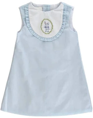 Light blue A-line toddler girl dress with white bib collar and embroidered bunny, perfect for Easter and springtime celebrations.