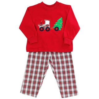 Bailey Boys Christmas pant set with red train top and plaid pants—festive holiday outfit for toddler boys with classic Southern charm.