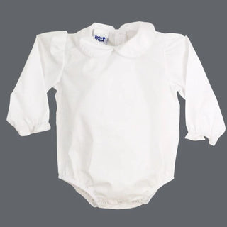 White long sleeve baby girl onesie with Peter Pan collar and ruffle sleeves—Bailey Boys classic button-back bodysuit for dressy days.