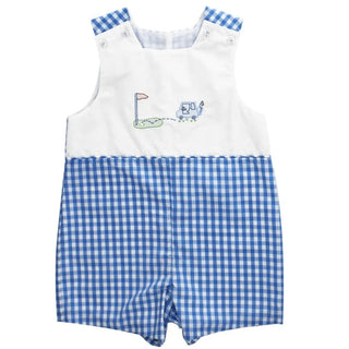 Bailey Boys blue gingham jon jon with golf cart and putting green embroidery—perfect for little boys who love a classic Southern look.