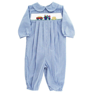 Bailey Boys long bubble for boys with smocked tractor and hay design—blue gingham outfit perfect for farm-loving little ones.
