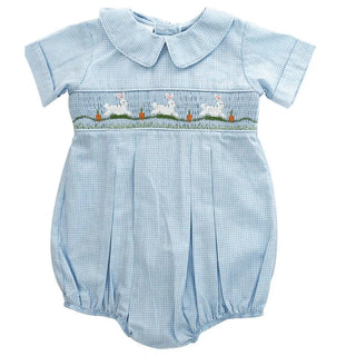 Blue gingham Easter bubble with smocked bunnies and carrots—perfect for baby boys' Easter egg hunts and springtime family photos.