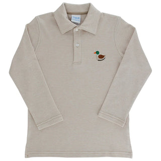 Bailey Boys khaki long-sleeve polo with mallard duck embroidery—classic Southern boys' shirt with microstripes and soft stretch knit.