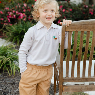 Bailey Boys khaki long-sleeve polo with mallard duck embroidery—classic Southern boys' shirt with microstripes and soft stretch knit.