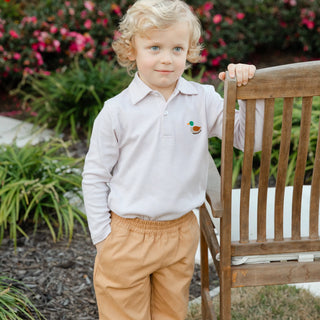 Bailey Boys khaki long-sleeve polo with mallard duck embroidery—classic Southern boys' shirt with microstripes and soft stretch knit.