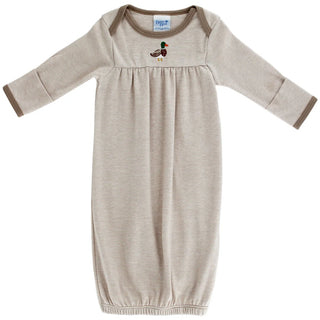 Bailey Boys baby gown with khaki microstripes, long sleeves, and mallard duck embroidery—classic and cozy Southern newborn style.