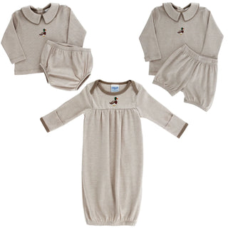 Bailey Boys baby gown with khaki microstripes, long sleeves, and mallard duck embroidery—classic and cozy Southern newborn style.