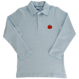 Light blue long-sleeve microstripe polo with embroidered pumpkin by Bailey Boys – perfect for fall and pumpkin patch photos.
