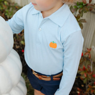 Light blue long-sleeve microstripe polo with embroidered pumpkin by Bailey Boys – perfect for fall and pumpkin patch photos.