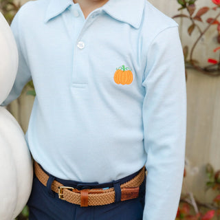 Light blue long-sleeve microstripe polo with embroidered pumpkin by Bailey Boys – perfect for fall and pumpkin patch photos.