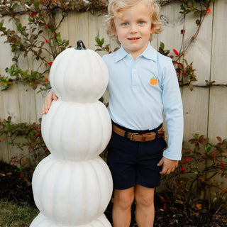 Light blue long-sleeve microstripe polo with embroidered pumpkin by Bailey Boys – perfect for fall and pumpkin patch photos.