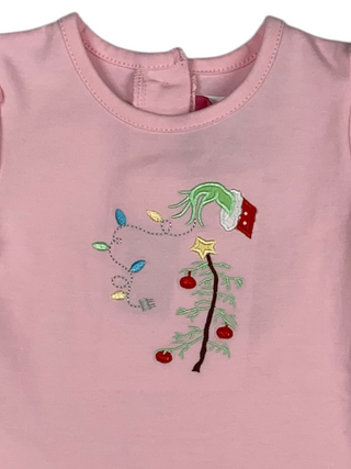 Pink baby girls' romper with a decorative Christmas design and gingham ruffled cuffs.