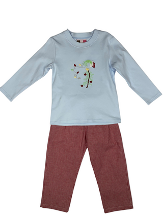 Children's outfit with light blue long-sleeve shirt and red checkered pants on a white background
