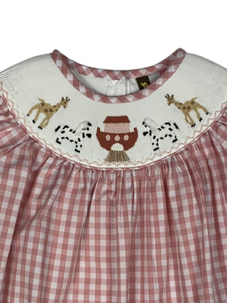Red and white checkered dress with embroidered collar featuring Noah's ark, giraffes, and zebras