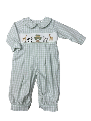 Green gingham long-sleeve romper with hand-smocked Noah’s Ark animals across chest and classic Peter Pan collar with button and snap closures