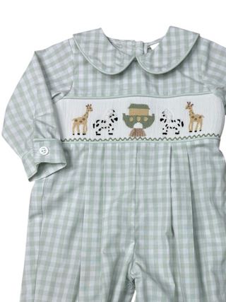Green checkered baby romper with embroidered Noah's ark design and giraffes and zebras