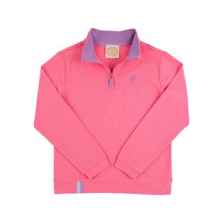 Girls’ Prepletic Hayword Half Zip in Romany Rose—athletic quarter-zip pullover with violet collar and embroidered stork by TBBC.
