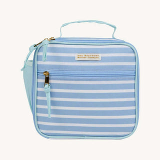 Striped blue and white TBBC lunchbox with Seafoam trim, insulated lining, top handle, and front zipper pocket for easy on-the-go meals.