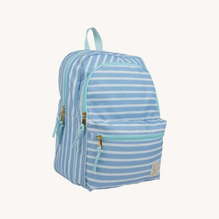 Blue-and-white striped TBBC backpack with Seafoam trim, padded straps, and side pockets—perfect for school, playdates, or travel.
