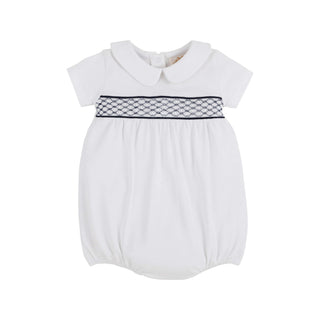 Baby boy Easter bubble with navy smocking and Peter Pan collar