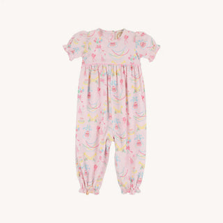 Pink Britt Romper with birthday balloon print and ruffle sleeves—sweet and comfy birthday outfit by The Beaufort Bonnet Company.