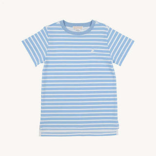 Boys striped t-shirt in Sarasota Sky and Worth Ave White with pelican embroidery – Carter Crewneck by The Beaufort Bonnet Company.