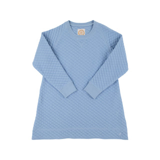 Quilted long-sleeve girls dress in Barrington Blue with ribbed crewneck and cuffs, perfect for school days, layering, or cool-weather play