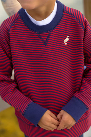 Close-up of Cassidy Comfy Crewneck showing red and navy stripes, ribbed neckline, and white stork embroidery on chest.
