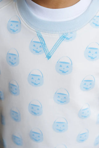 Lightweight Buckhead Blue crewneck with vintage pumpkin pails print—perfect fall sweatshirt for little ones by The Beaufort Bonnet Company.