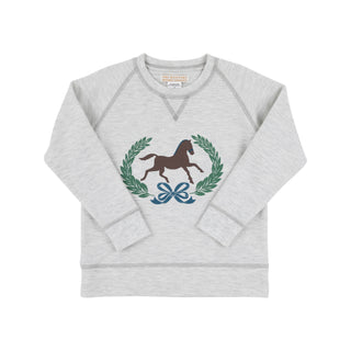 Gray crewneck sweatshirt with brown horse and laurel wreath design on chest, long sleeves, and soft ribbed trim by The Beaufort Bonnet Company