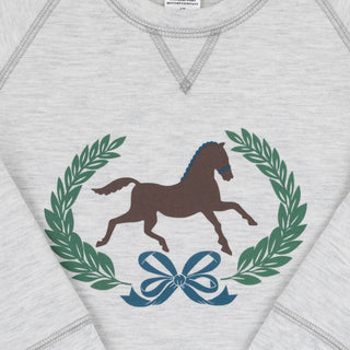 Gray Cassidy Comfy Crewneck sweatshirt with brown horse and laurel wreath design with bow from The Beaufort Bonnet Company