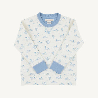 Cassidy Comfy Crewneck Sweatshirt in Quack Quack Honk print with Barrington Blue trim by The Beaufort Bonnet Company.