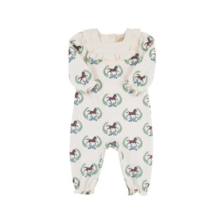 Ivory Darla Day Romper with allover pony and wreath print, ruffle collar, and elastic cuffs—classic TBBC equestrian baby style