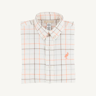 Mantua Tattersall plaid flannel shirt with button-down collar and Seashore Sherbert stork logo from The Beaufort Bonnet Company.