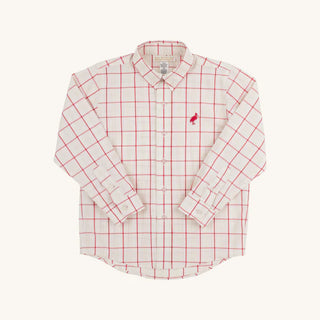 Full view of Dean's List Dress Shirt by The Beaufort Bonnet Company in Oak Park Plaid with red embroidery on Worth Avenue White base.