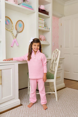 TBBC quilted pink sweatpants for girls with elastic waistband and ankle cuffs—cozy, classic Southern style for play or lounge.