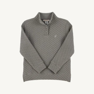 Boys’ quilted gray pullover with popped collar and stork logo by The Beaufort Bonnet Company – cozy, classic, and perfect for layering.