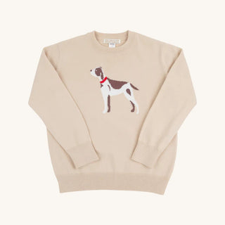 Flat lay of Isaac's Intarsia Sweater by The Beaufort Bonnet Company in osprey oatmeal with brown and white dog intarsia design.