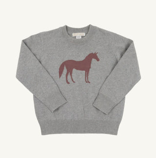 Gray boys sweater with chestnut horse knit on chest, long sleeves, and ribbed trim—classic TBBC style with an equestrian twist