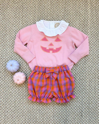 Pink cotton sweater with jack-o’-lantern face by The Beaufort Bonnet Company—perfect for festive fall fun and Halloween charm.