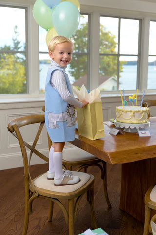 Baby boy’s blue corduroy Jon Jon with playful lion appliqué by The Beaufort Bonnet Company – classic Southern style with whimsical charm.