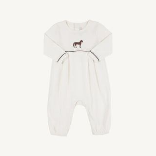Bradford Romper by TBBC in Palmetto Pearl with brown horse detail, gray trim, elastic legs, and long sleeves for timeless, photo-ready style